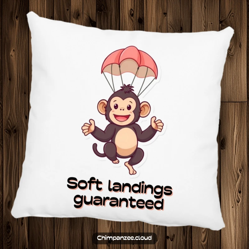 Funny pillow featuring a playful chimpanzee character slowly descending with a small parachute. A soft and humorous decorative item.