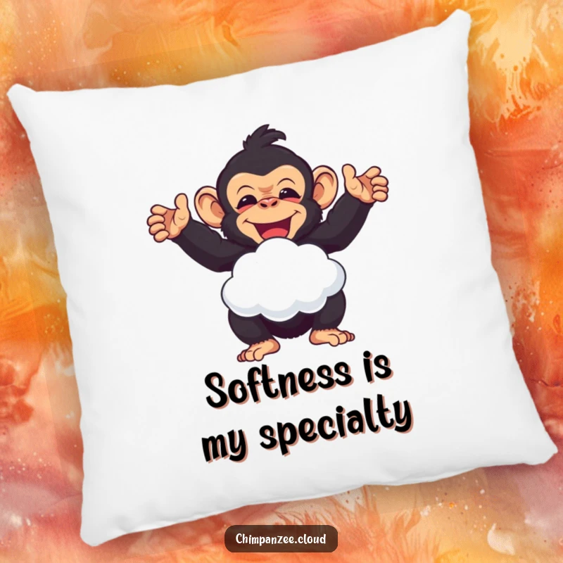 Funny delighted chimpanzee offering a cloud puff, a soft and humorous decorative pillow for a funny gift.