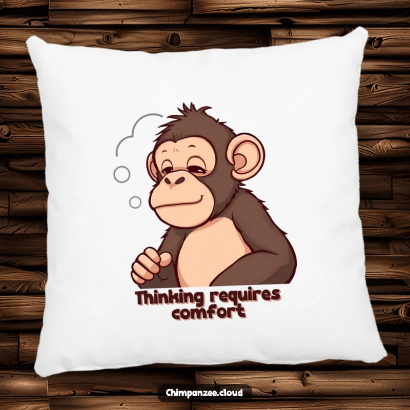 Funny chimpanzee looking thoughtfully at a cloud, a humorous and comfortable accent pillow for thinkers.