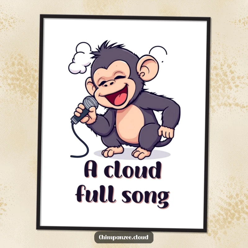 Funny Chimp Rockstar Art Print: A playful chimpanzee sings into a cloud with a microphone, whimsical musical decor.