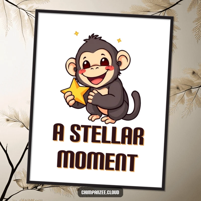 Funny digital artwork of a smiling chimpanzee with wide eyes, holding a star, perfect for adding joyful and delightful decor.