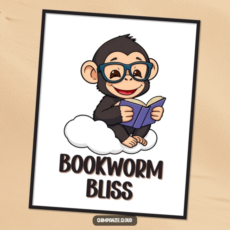Funny digital art of a happy chimpanzee wearing glasses, engrossed in reading a book while sitting on a cloud.