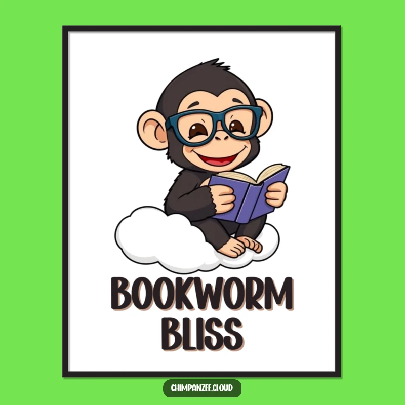 Funny Scholar Chimp Digital Art: Happy Chimpanzee Reads on a Cloud