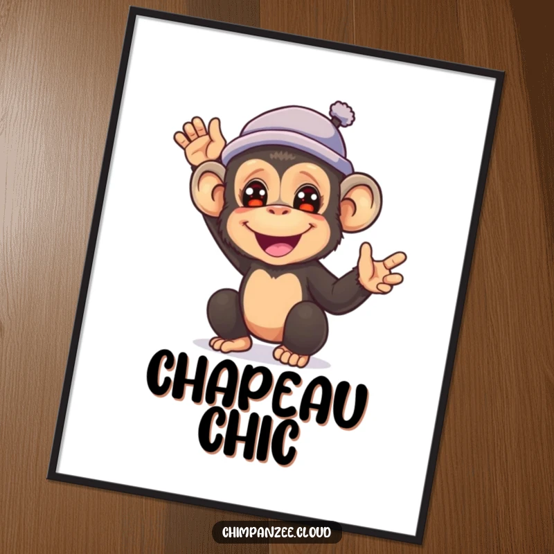 Funny digital art print of a happy chimpanzee wearing a small hat and waving energetically to onlookers.