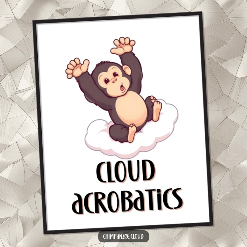 Funny digital artwork of a chimpanzee performing a somersault on a cloud, a joyful and humorous piece for instant download.