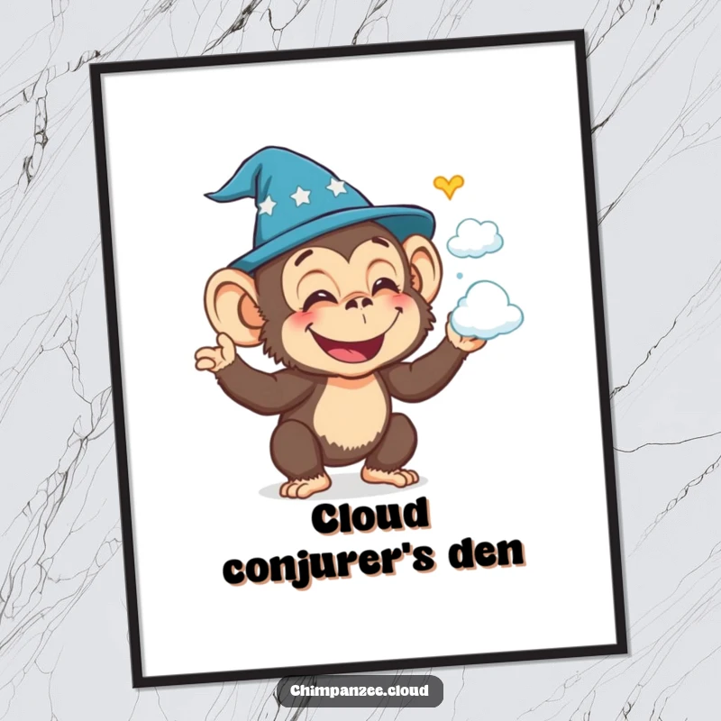 Funny chimpanzee wizard conjuring cloud shapes, joyful and magical digital art print.