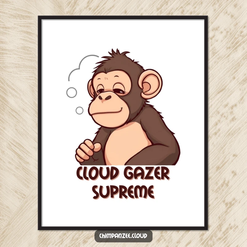 Funny chimpanzee gazing thoughtfully at a cloud shape, a humorous digital art print for instant contemplative decor.