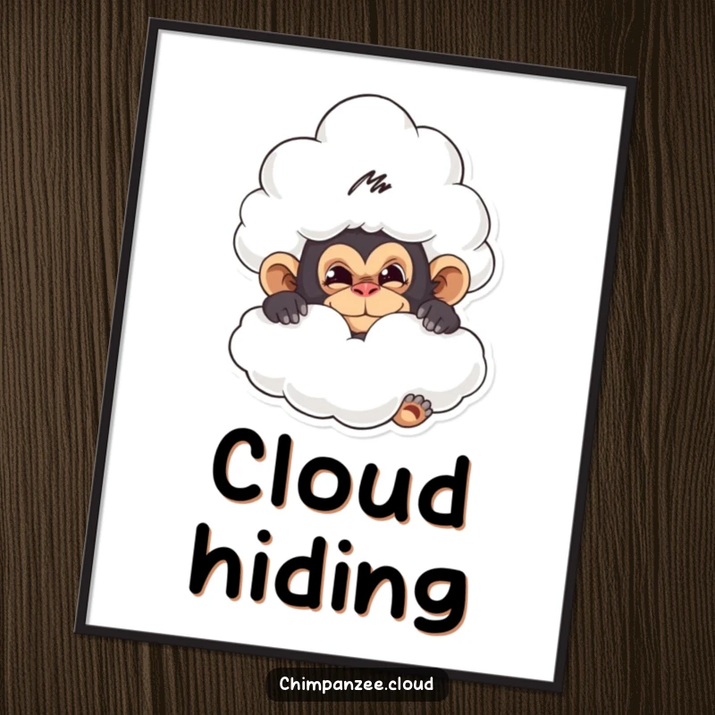 Funny digital art print of a mischievous chimpanzee hiding behind a cloud, perfect for whimsical decor.