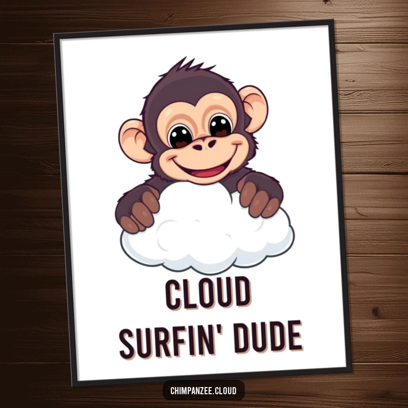 Funny chimpanzee digital art print, cheeky character peeking over a cloud with a wide, mischievous grin, creating playful decor.