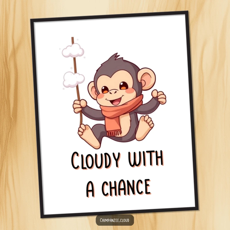 Funny digital artwork of a playful chimpanzee in a scarf, swinging from cloud wisps, perfect for adding whimsical and cheerful decor.