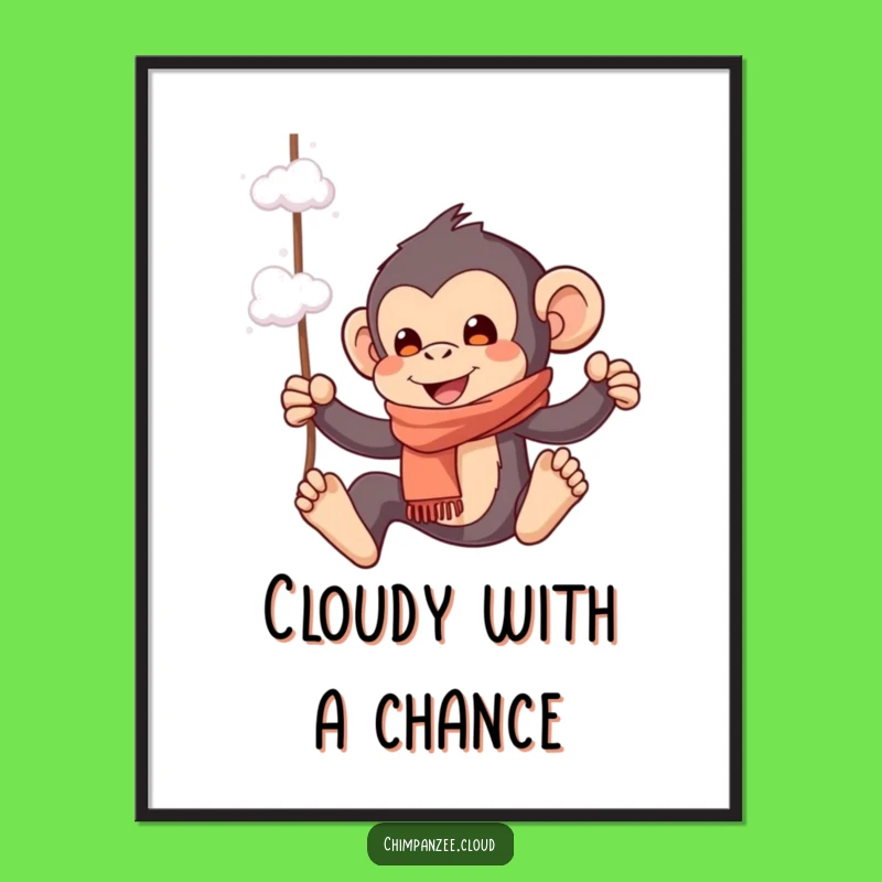 Funny Playful Chimp Digital Print: Chimpanzee Swinging Cloud Art