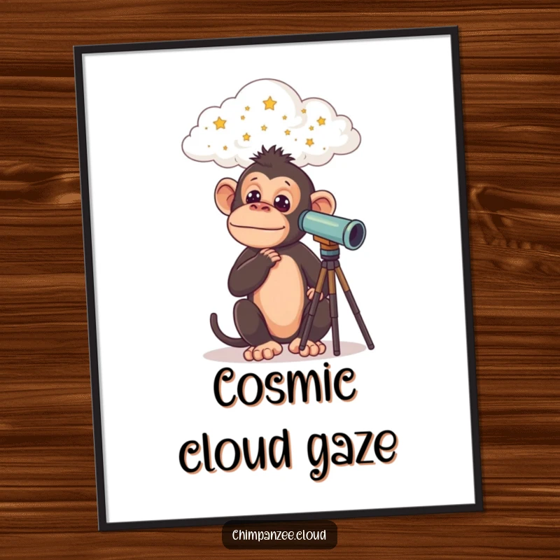 Funny Chimp Digital Art: Artistic print of a curious chimpanzee with a telescope on a cloud, observing stars, evoking wonder, a funny gift.