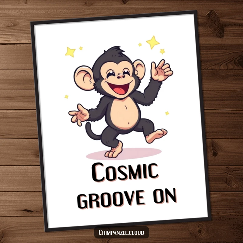 Funny energetic chimpanzee digital art print, character dancing vibrantly with magical floating star dust, a humorous cosmic masterpiece.