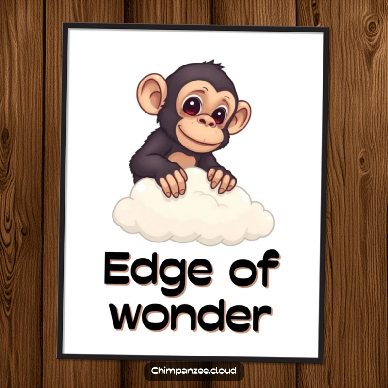 Funny chimp curiously peeking over a cloud's edge, available as a digital art print for instant whimsical decor.