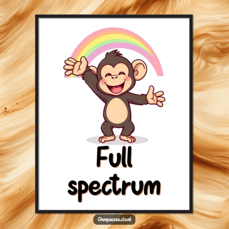Funny chimpanzee reaching for a rainbow, vibrant digital art print, conveying pure happiness.