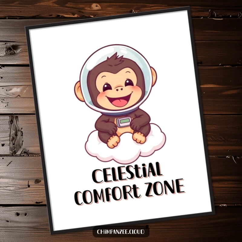 Funny chimpanzee astronaut helmet floating on a cloud, cheerful and whimsical digital art, perfect for instant decor.