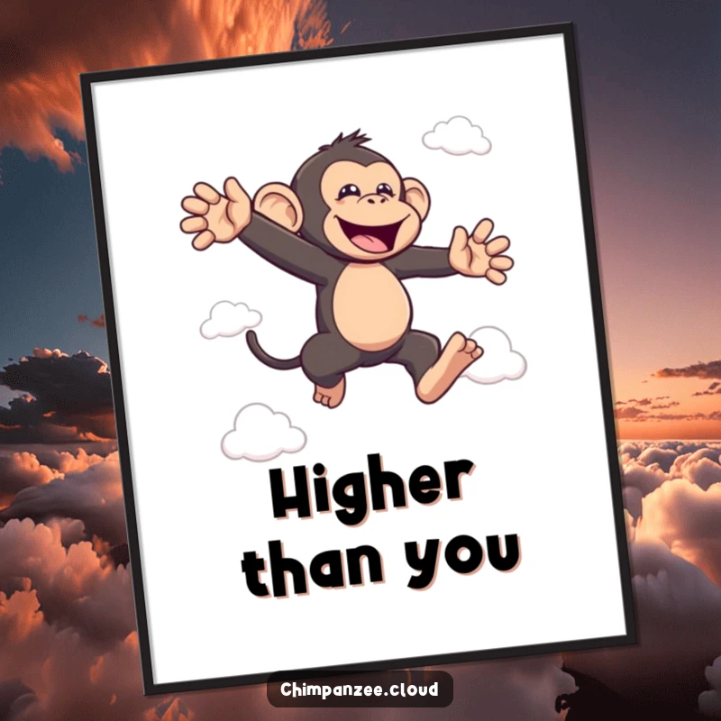 Funny bouncing chimp digital art print of a joyful chimpanzee leaping between clouds, perfect funny gift.