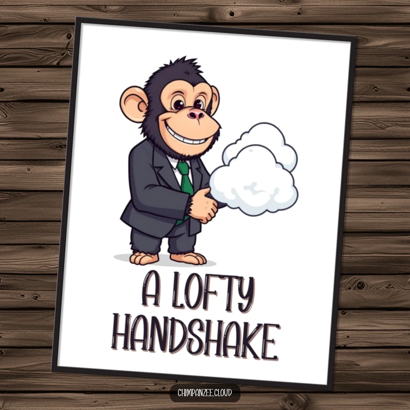 Funny Chimp Business Art Print: A chimpanzee in a suit shakes hands with a cloud, whimsical office decor.