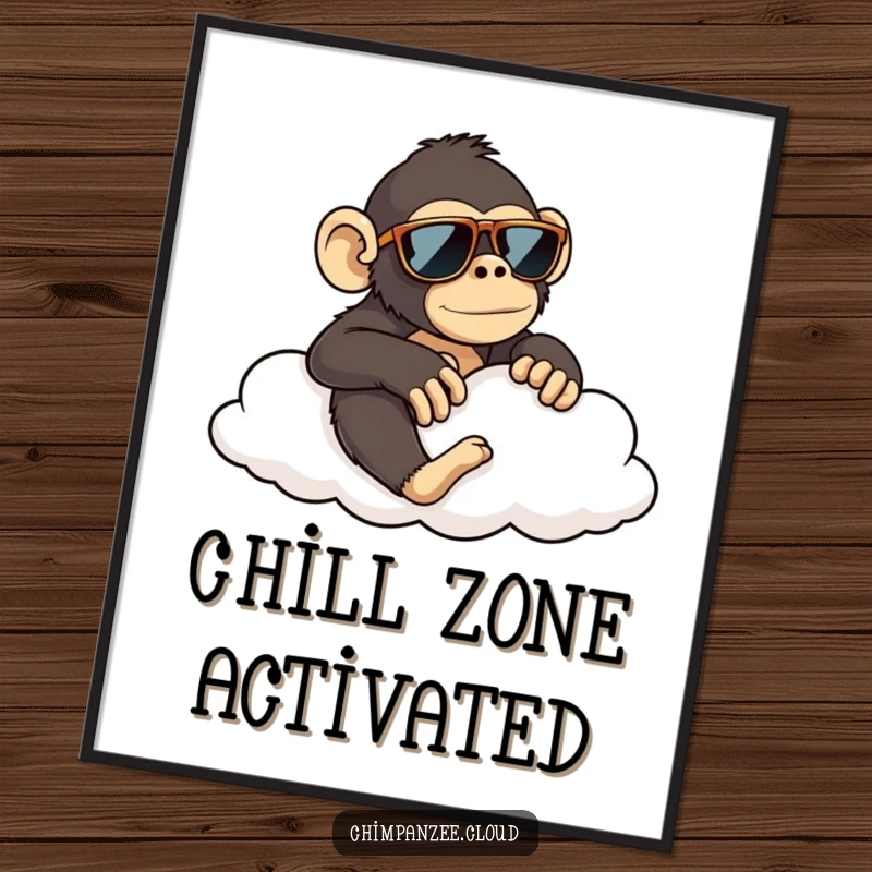 Funny chimpanzee wearing sunglasses lounging on a cloud, a humorous digital art print for a funny gift.