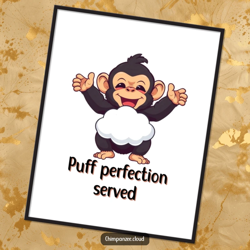 Funny delighted chimpanzee offering a cloud puff, a cheerful humorous digital art print for a funny gift.