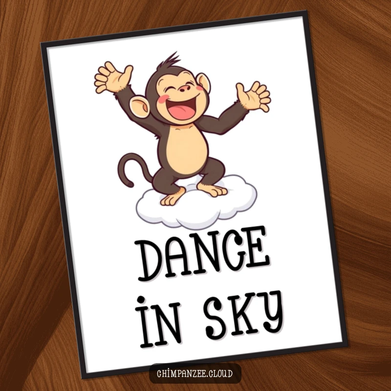 Funny digital art print of a joyful chimpanzee dancing gleefully on a cloud, instantly downloadable wall art.