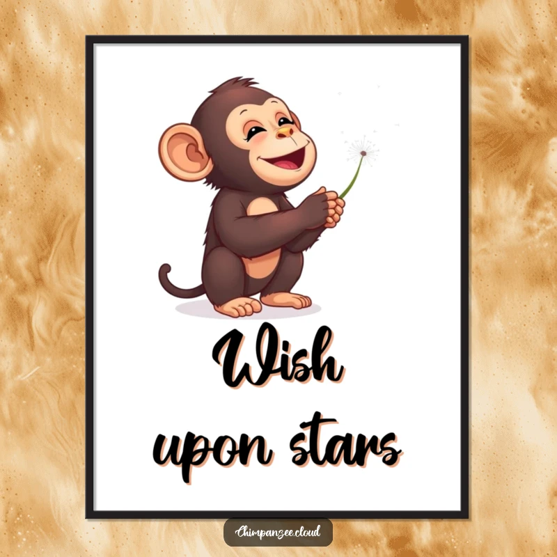 Funny chimpanzee art print, blowing dandelion seeds into starry sky, digital download, dreamy whimsical art.