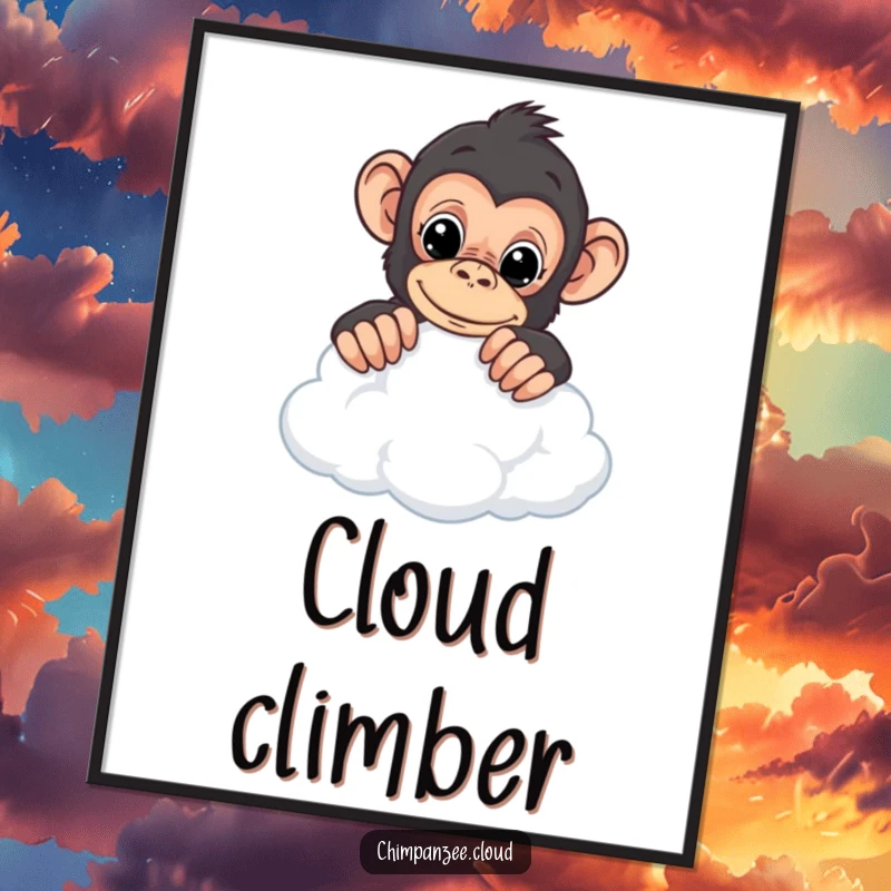 Funny chimpanzee digital art print of a curious chimp peering over a cloud, adding whimsical charm to your walls.