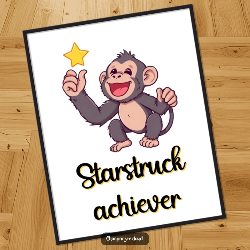 Funny chimp reaching for a twinkling star, available as a digital art print for instant motivational decor.