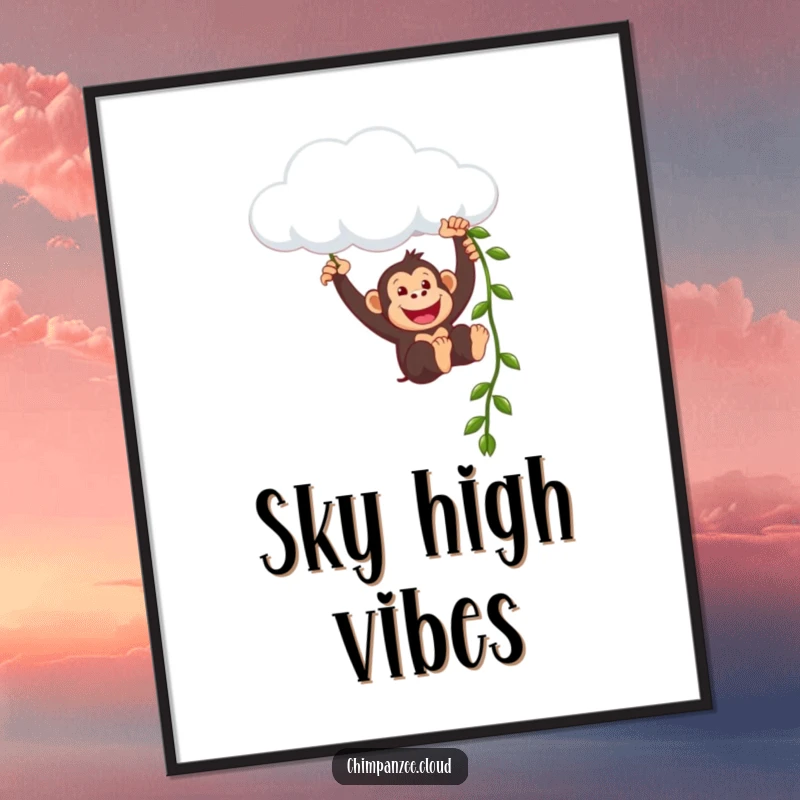 Funny chimpanzee character joyfully swinging from a cloud, available as a high-resolution digital art print for instant humorous decor.