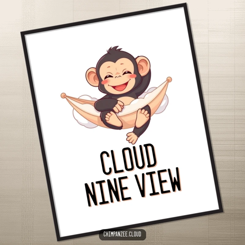 Funny chimpanzee art print, relaxing on a cloud hammock, digital download, serene whimsical art.