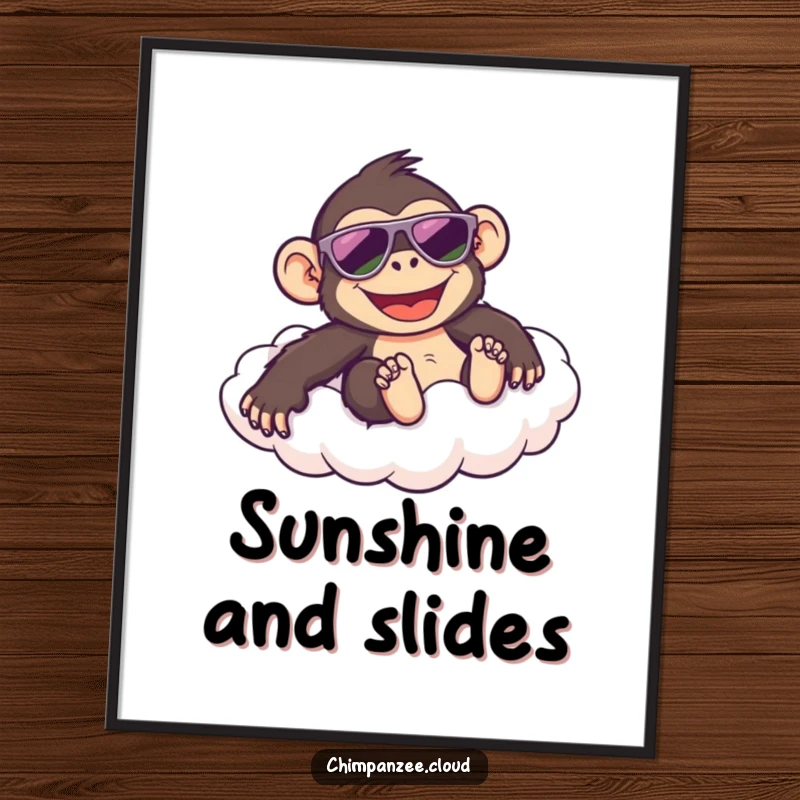 Funny digital artwork of a happy chimpanzee wearing sunglasses, sliding down a fluffy cloud, perfect for instant cool and humorous decor.