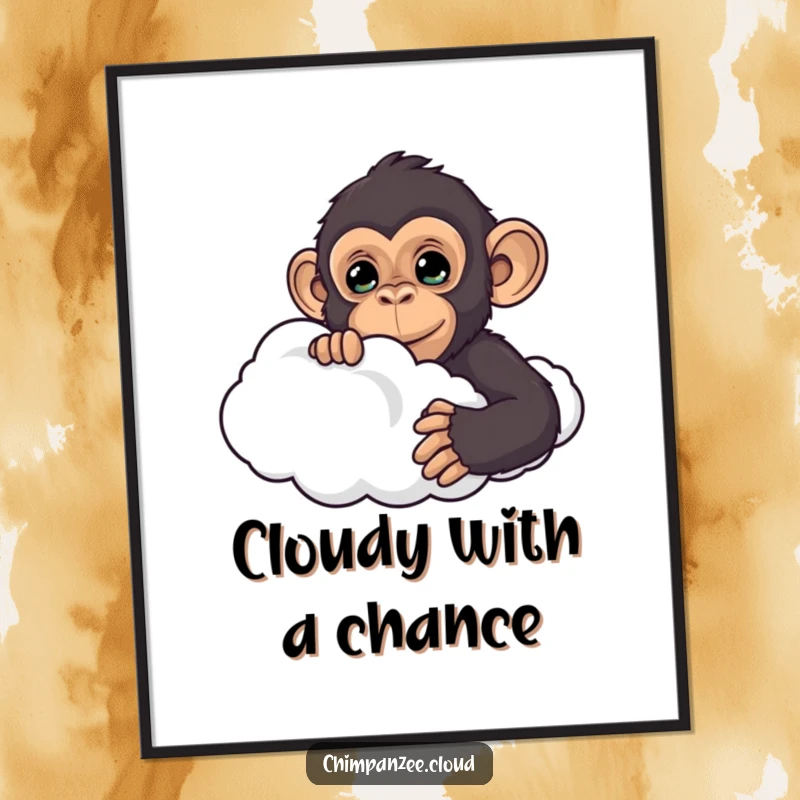 Funny digital artwork of a chimpanzee peeking from behind a fluffy cloud, a whimsical and humorous piece for instant download.