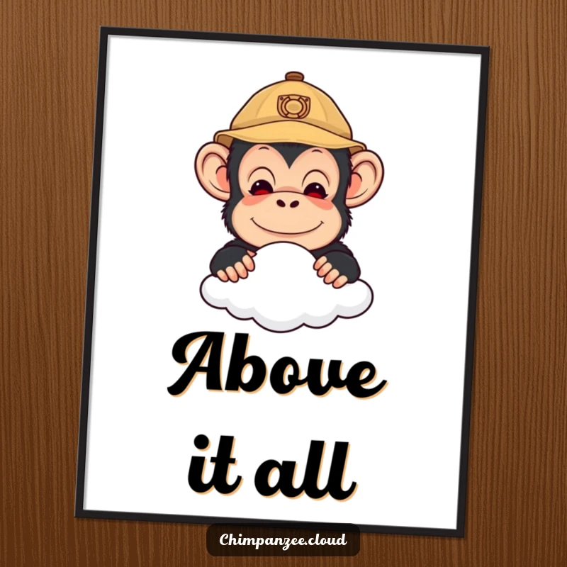 Funny digital artwork of a cute chimpanzee in an explorer hat, peeking over a cloud, ideal for instant whimsical wall decor.