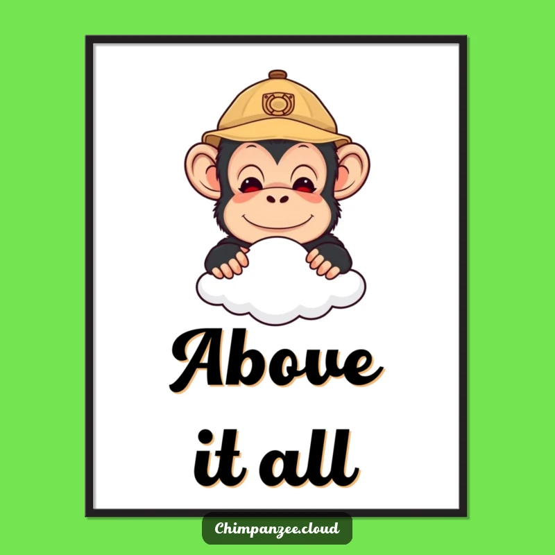 Funny Explorer Chimp Digital Print: Cute Chimpanzee Peering Over Cloud Art