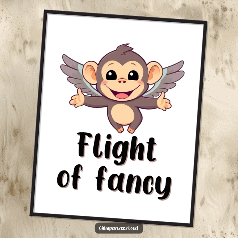 Funny digital art print of a smiling chimpanzee character soaring with miniature, adorable wings. A humorous and visually engaging piece.