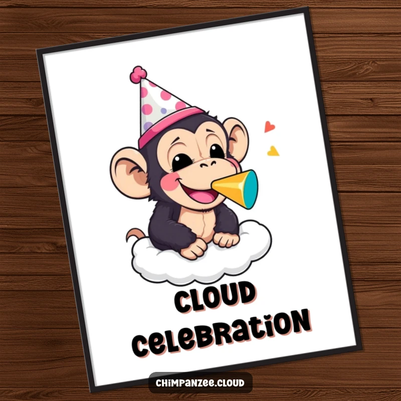 Funny chimpanzee wearing a party hat and blowing a noisemaker on a cloud, available as a digital art print for instant humorous and festive decor.
