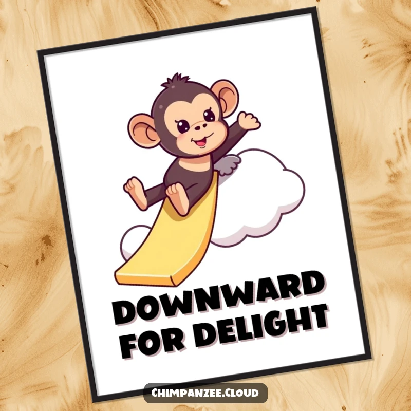 Funny playful chimpanzee digital art print of a chimp sliding down a cloud, offering instant humorous decor and a sense of adventurous fun.
