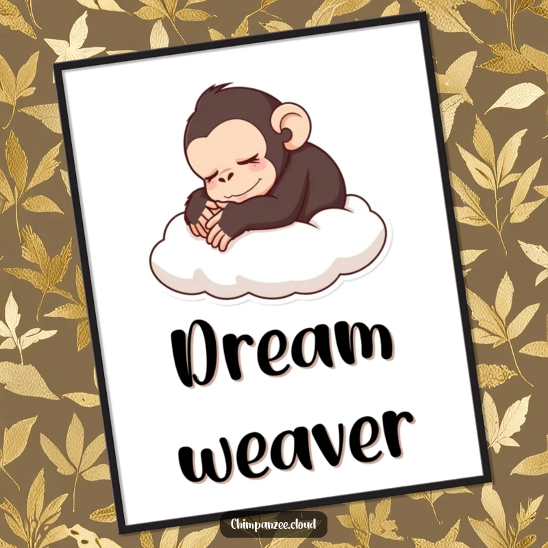 Funny sleeping chimp digital art print of a peaceful chimpanzee curled up on a cloud, perfect funny gift.