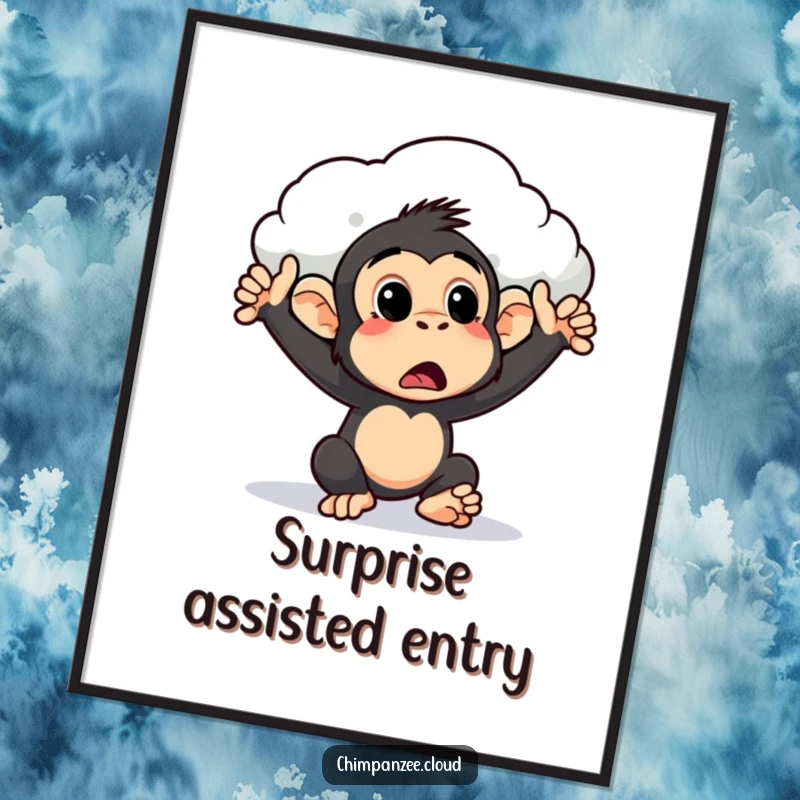 Funny surprised chimpanzee digital art print of a chimp being pushed by a cloud, offering instant humorous decor and a whimsical vibe.