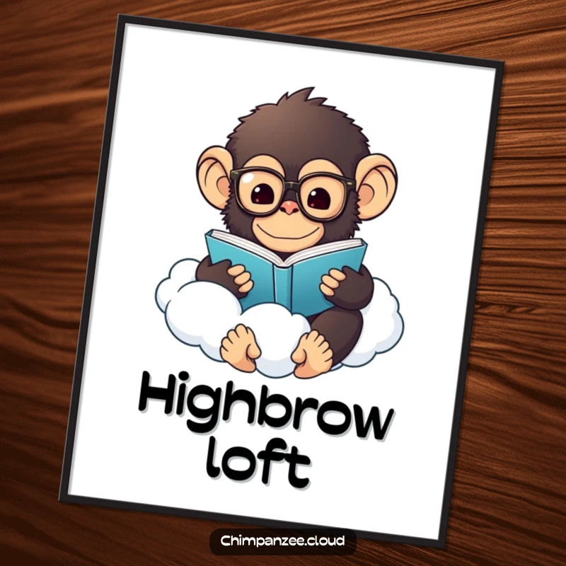 Funny Chimp Cloud Digital Art Print: A fluffy chimpanzee with glasses reads a book while floating on a cloud, whimsical decor.