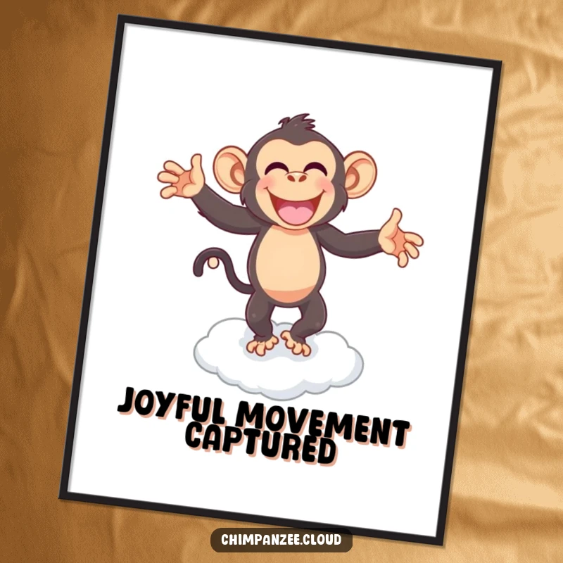 Funny chimpanzee dancing energetically on a cloud, a humorous digital art print for instant wall decor and joy.