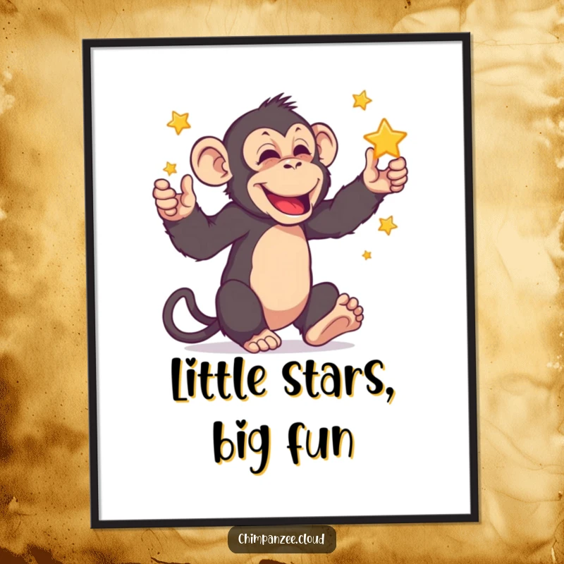 Funny chimpanzee character juggling miniature stars, ready as a downloadable digital art print for instant whimsical decor.