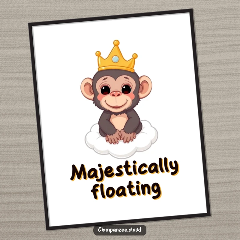 Funny digital art print showing a chimpanzee wearing a crown, floating serenely on a cloud, whimsical and regal illustration.