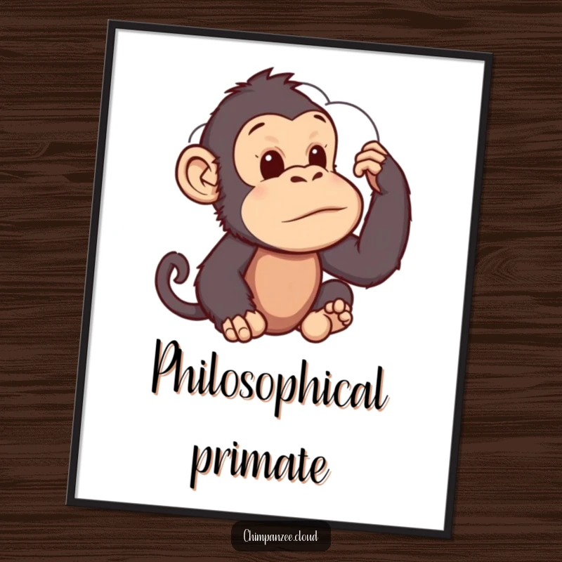 Funny Digital Art Print: A chimpanzee thoughtfully observing clouds, creating an atmosphere of peaceful contemplation and wonder.