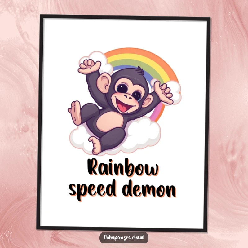 Funny chimp joyfully sliding down a fluffy cloud rainbow, available as a vibrant digital art print for instant happiness.