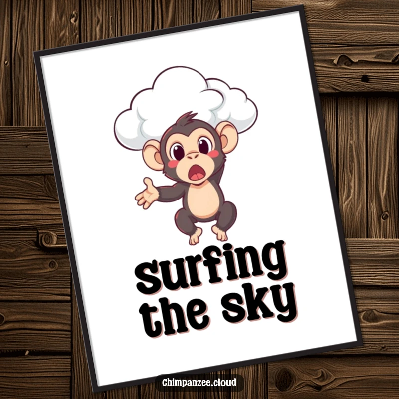 Funny chimpanzee character looking surprised as it’s gently tossed by a cloud, available as a digital art print.