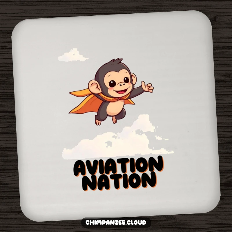 Funny chimpanzee in a small cape flying through clouds, designed for drink coasters to add heroic and humorous flair.