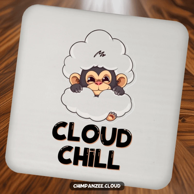 Funny drink coaster with a mischievous chimpanzee hiding behind a cloud, a whimsical and protective accessory.