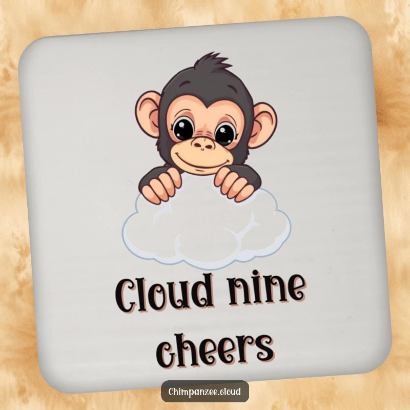 Funny chimpanzee coaster featuring a curious chimp peering over a cloud, protecting surfaces with whimsical charm.