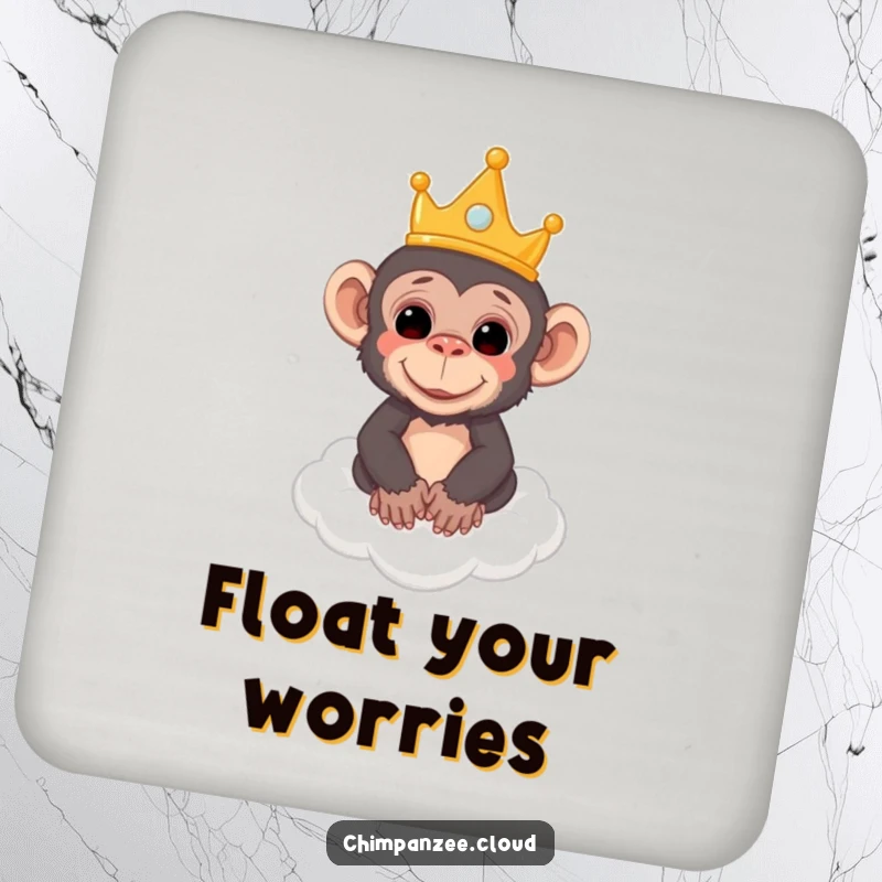 Funny coaster with an image of a chimpanzee wearing a crown, floating on a cloud, protecting surfaces with majesty.
